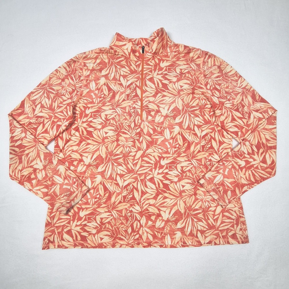 LL Bean Pullover Womens XL Orange Tropical Leaf Quarter Zip UPF 50 Activewear